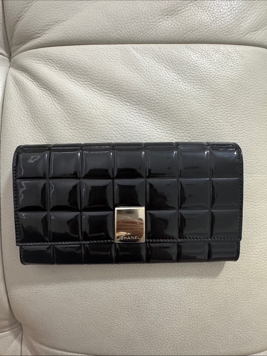 CHANEL Handbags - CHANEL chocolate bar Black Leather Wallet with Red Suede Interior:)
